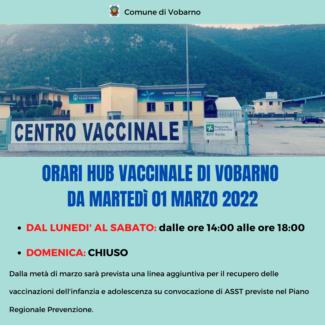 Immagine di copertina per Orari Hub Vaccinale Di Vobarno Da Martedì 01 MARZO 2022